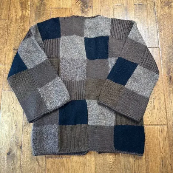 Vintage Knit Wool Blend Brown Color Block Cardigan Sweater Sz L Wide Sleeve - Picture 5 of 6